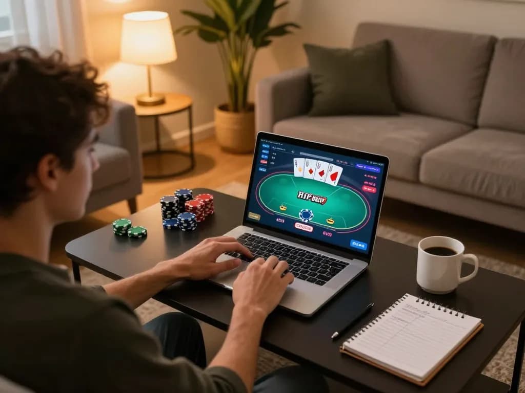 PLANET88 player enjoying online poker game on laptop with cozy home ambiance.