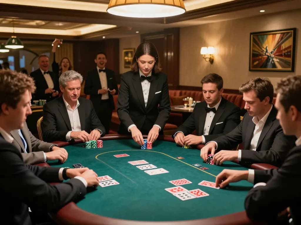MU88 players strategizing at a luxury poker table during an intense game in a sophisticated casino.