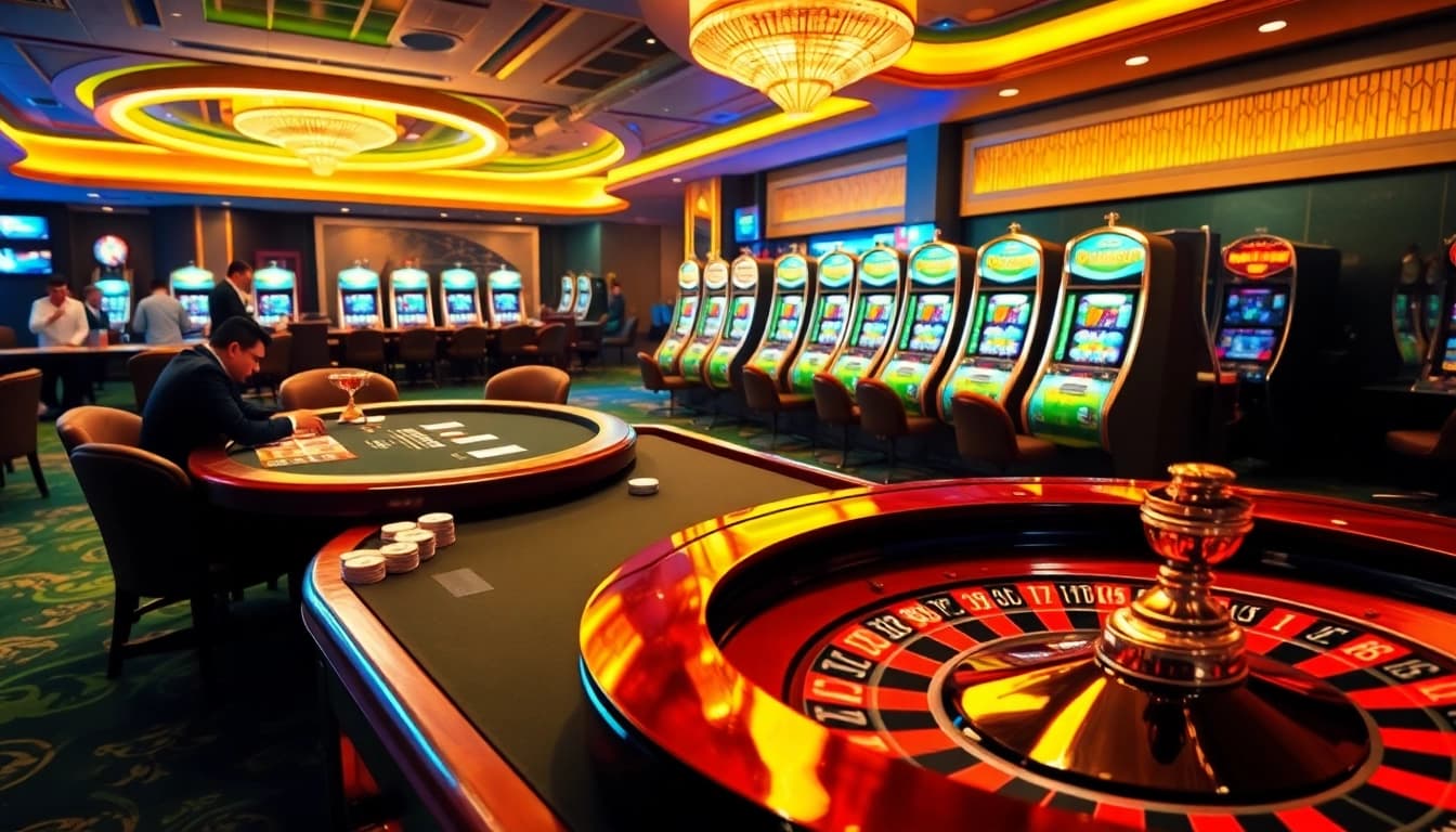 Exciting poker game and roulette wheel at i9bet casino, showcasing high-stakes gambling.
