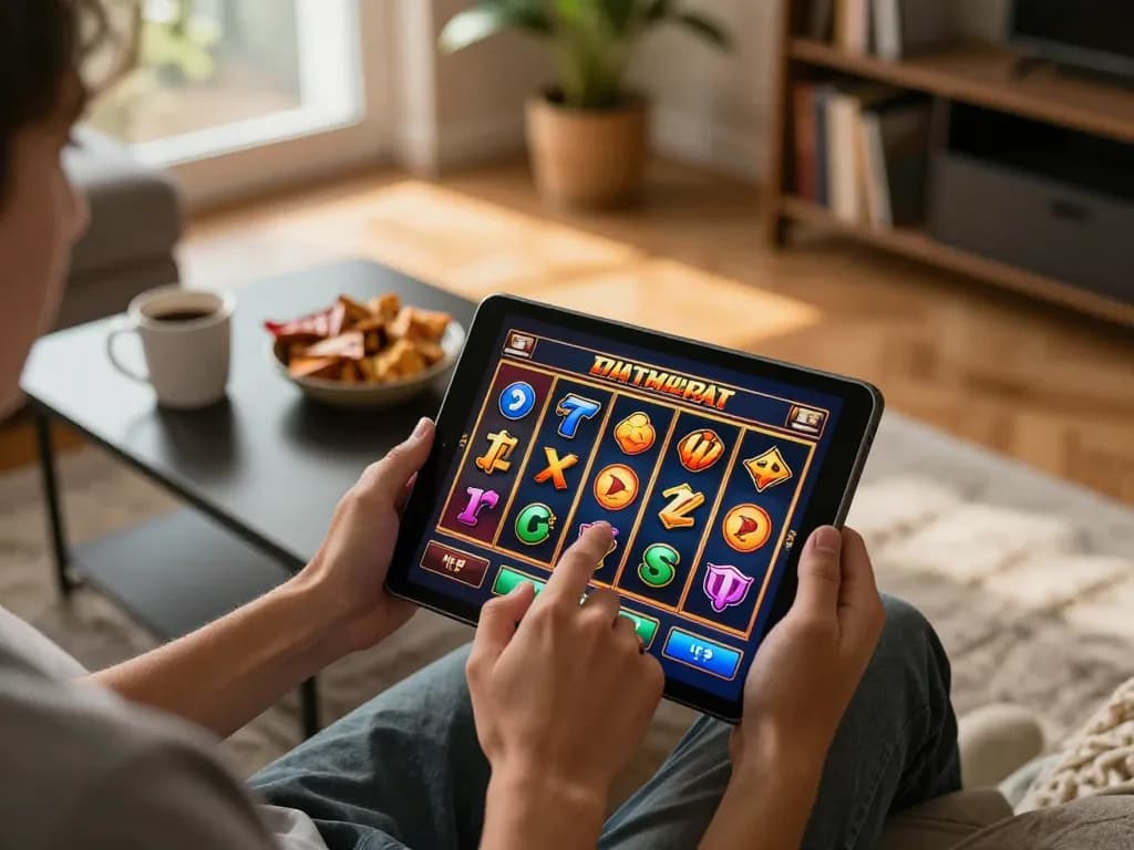 Playing a demo slot on a tablet in a cozy setting with snacks and warm lighting.