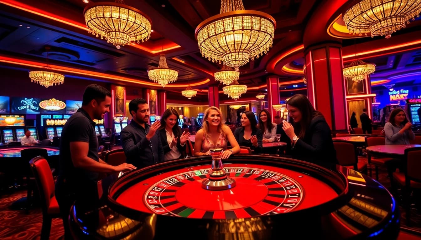 Neue casino bonus ohne einzahlung zeigt aufregende Spieler am Roulette-Tisch in einem eleganten Casino.