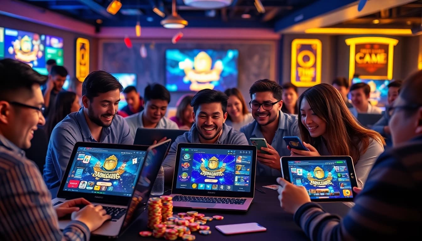 Cổng game Nhatvip players enjoying diverse gaming experiences on various devices, showcasing an exciting online gaming atmosphere.