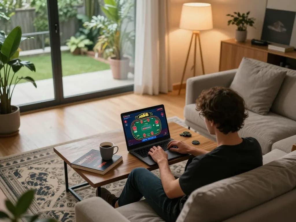 Person enjoying mb66 online casino gaming at home with laptop and strategy book
