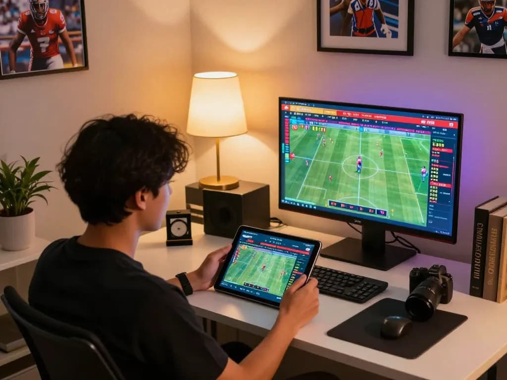 Person engaging with a tablet showing kèo nhà cái odds during an online sports betting session, warm lighting.