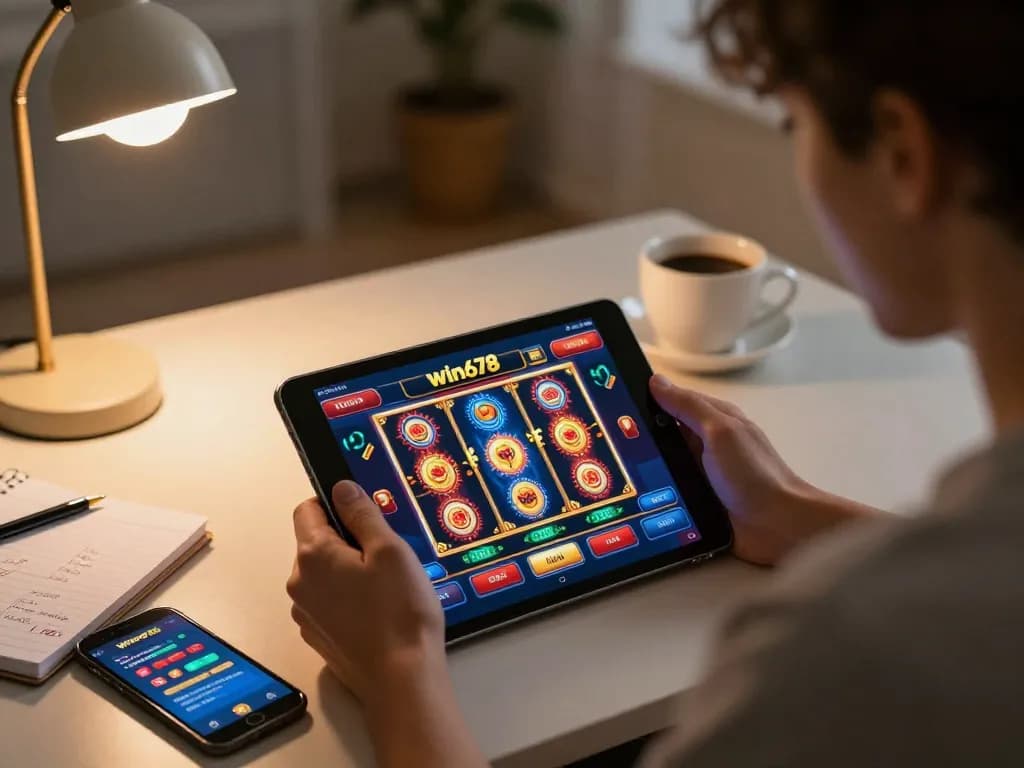 Experience dynamic online gaming with win678 tablet interface showcasing exciting slots and a cozy atmosphere.