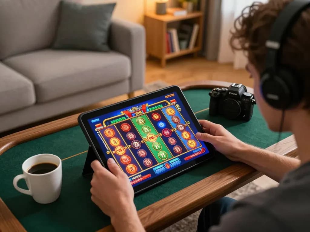 Zowin player engrossed in a thrilling online slot game on a tablet in a cozy home setting.