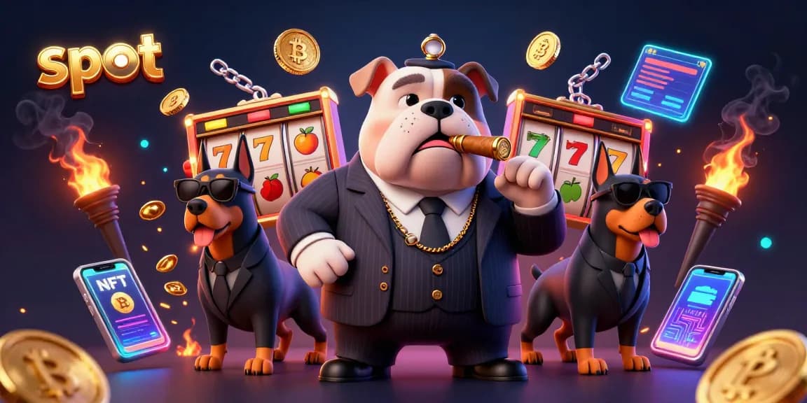 Menggandakan pengalaman slot dengan bos mafia bulldog 3D dan penjaga Doberman sambil membawa simbol mesin slot.