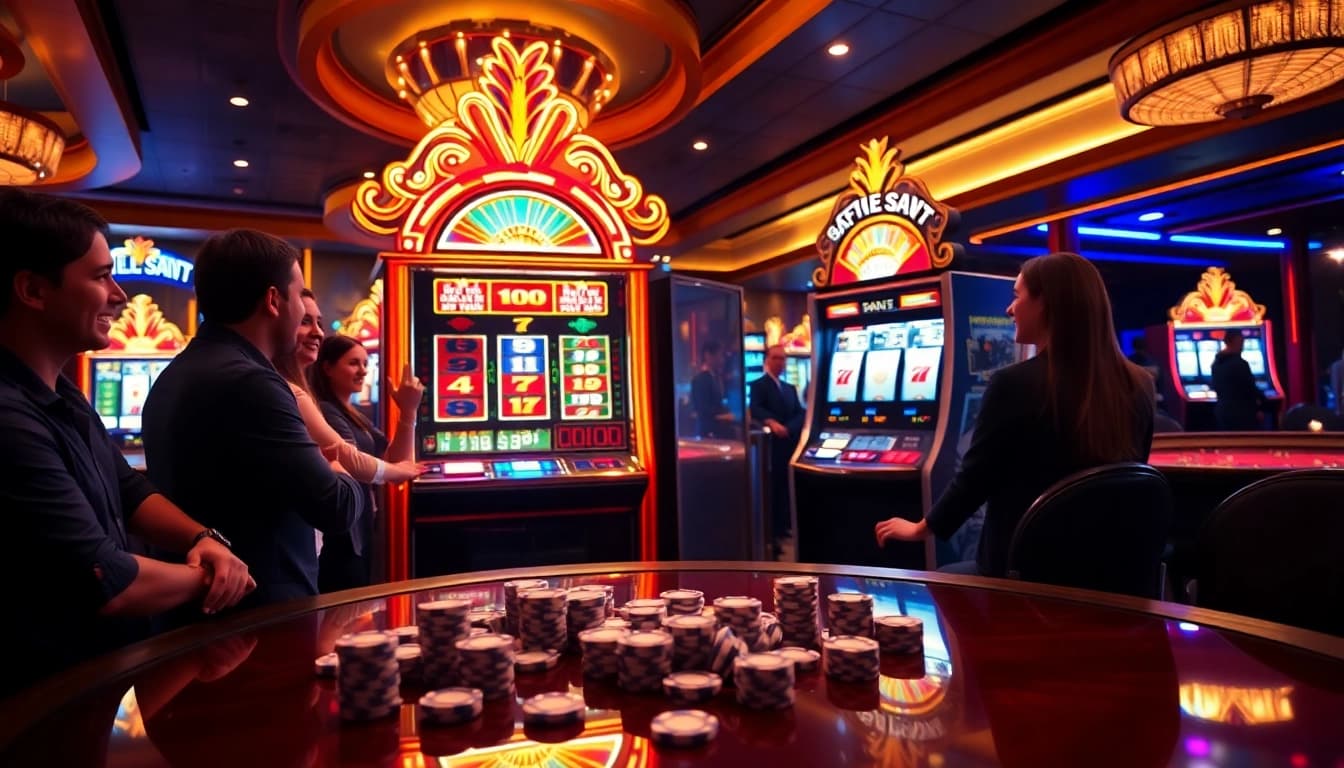 Experience excitement with slot gacor bonus besar at a vibrant casino scene filled with winning players.