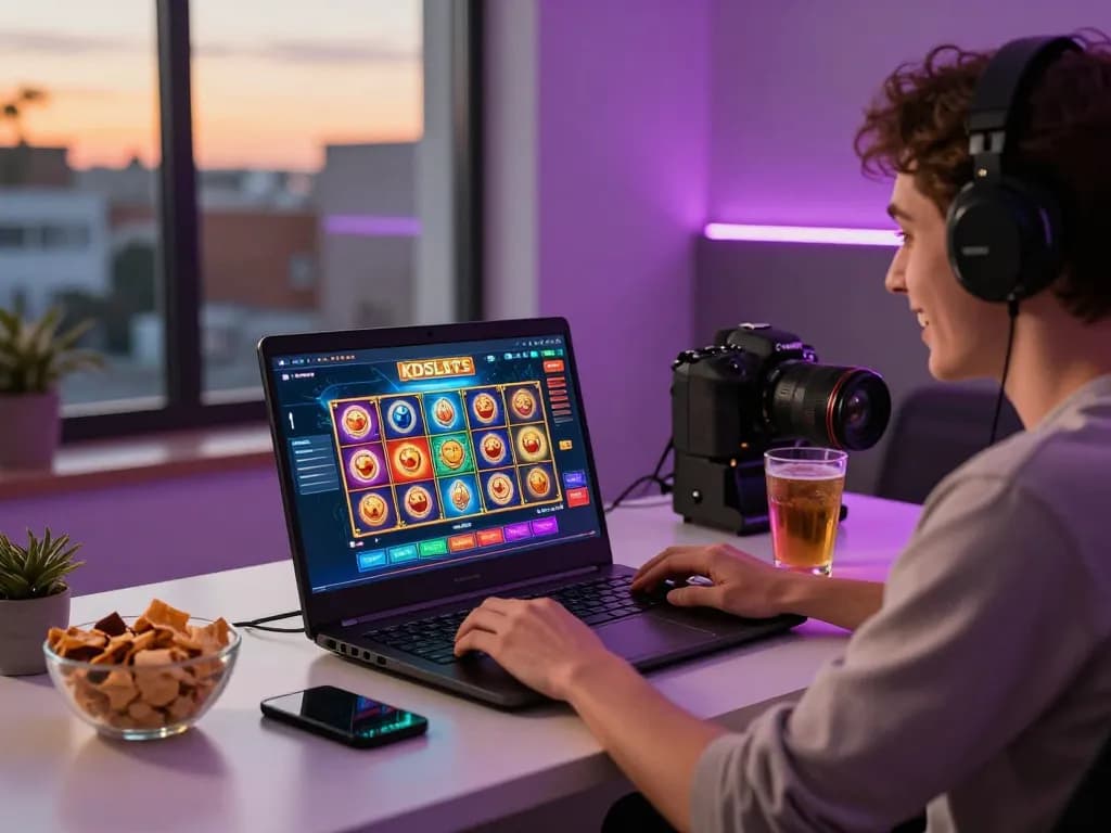 KDSlots gaming scene featuring an enthusiastic player engaging with the laptop showcasing vibrant slot games.
