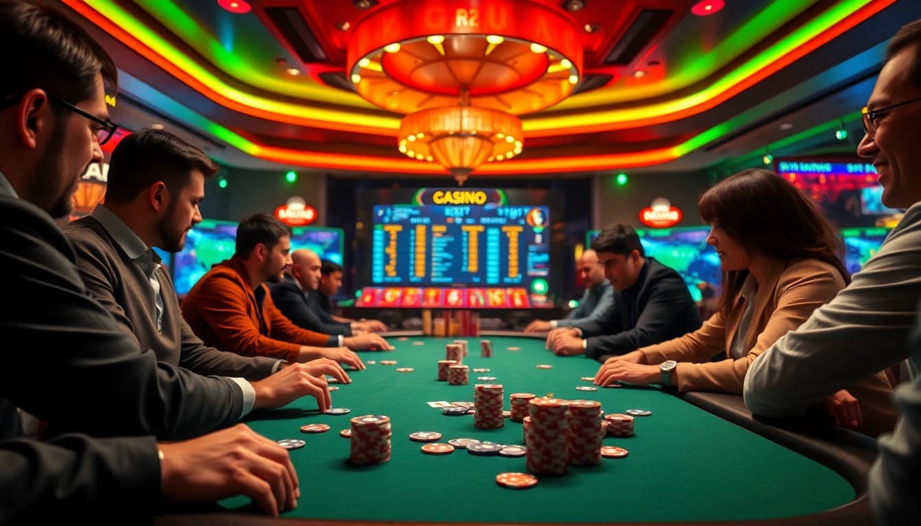 Bermain poker online di kasino virtual, dengan suasana yang menarik dan pemain yang terlibat.