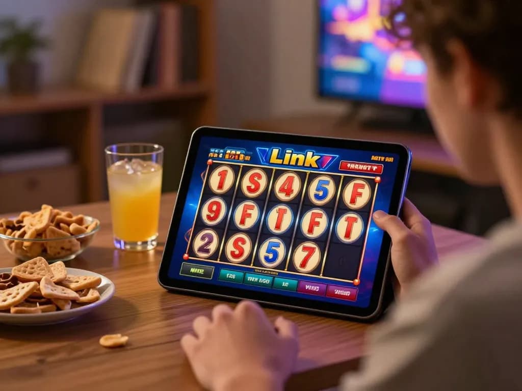 Engaged player enjoying Link Slot game on tablet, cozy home setup with snacks