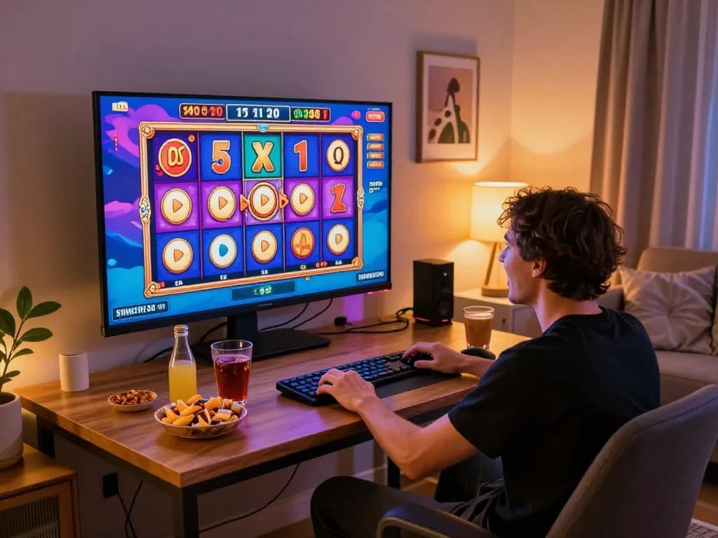 Excited player engaging with a slot bonus game on a large screen in a cozy home setting.