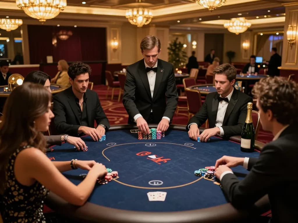 Players engaging in high-stakes poker at LC88 casino table under elegant lighting.