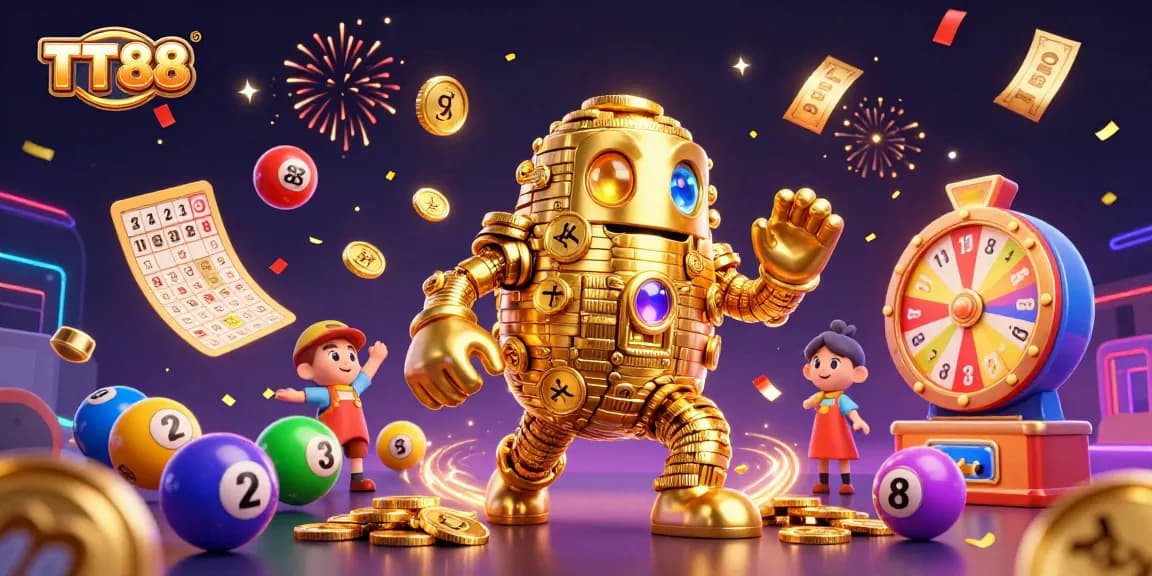 Engage with TT88, where a golden golem emerges amidst festive gaming elements, showcasing thrilling lottery excitement.