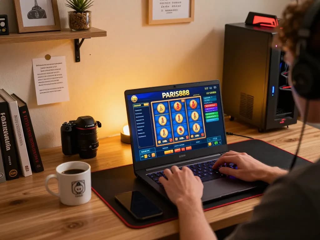 Engaging in a Paris888 online slot game, showcasing a vibrant desk setup with notes on responsible gambling.
