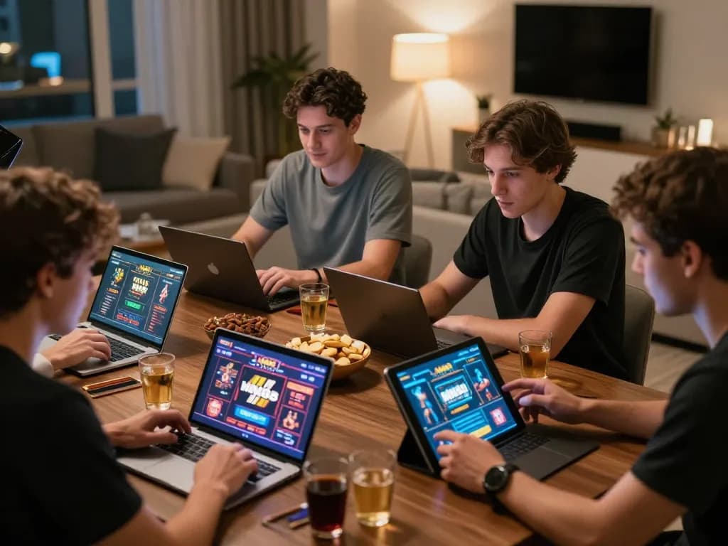 Players engaged with MM88's online gaming platform in a cozy home setting, showcasing thrilling casino gameplay