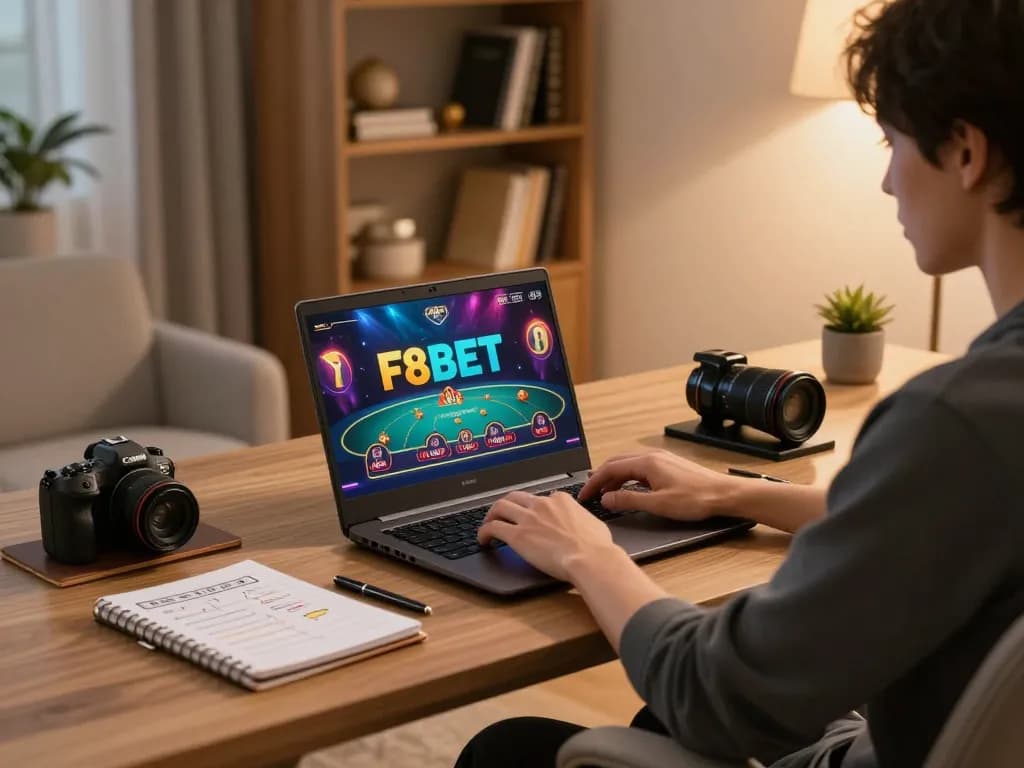 Player strategizing on F8BET while enjoying online gaming in a sophisticated home office.