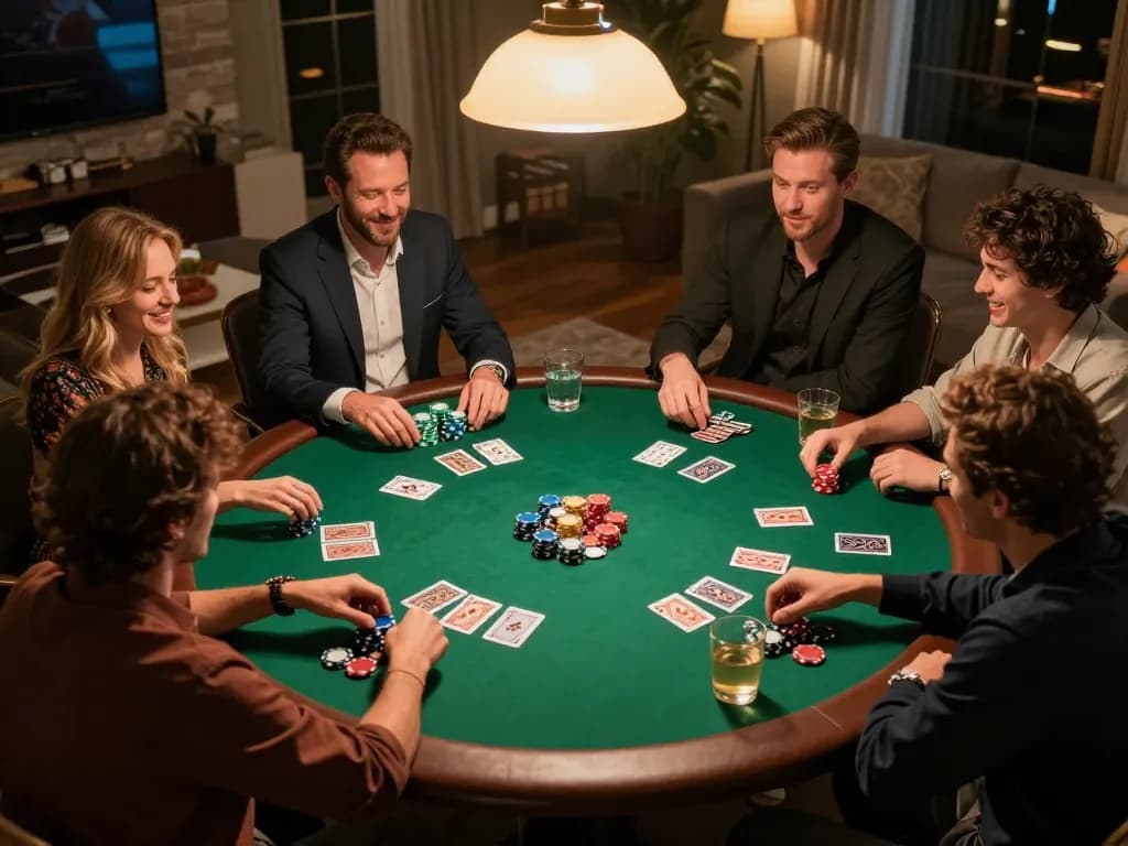 Friends enjoying a poker game at home, celebrating wins while using RR88 for an engaging experience.
