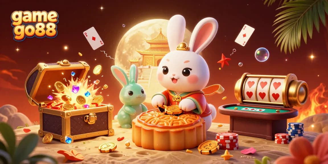 Engage with game go88 as moon rabbit reveals poker chips from mooncakes in a vibrant casino scene.