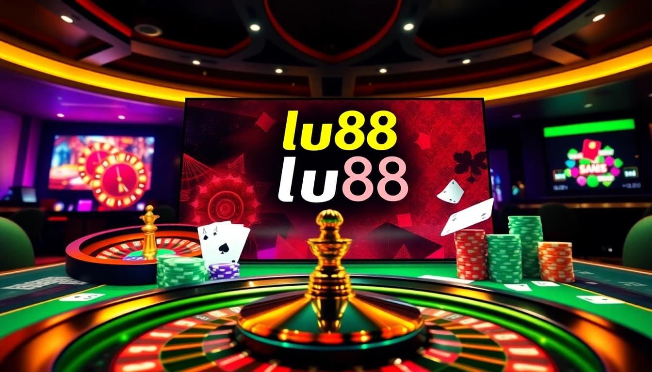 Experience thrilling gameplay with lu88 in a luxurious online casino setting, featuring vibrant roulette and poker elements.