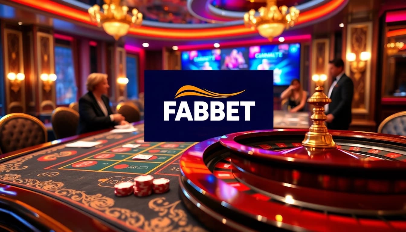Experience the excitement of FABET with dynamic casino tables and vibrant poker chips.