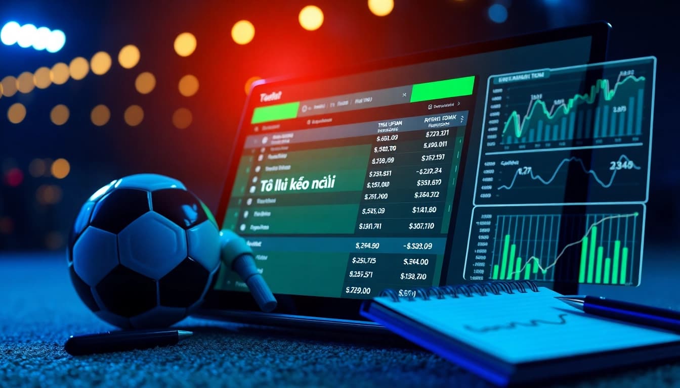 Tỷ lệ kèo nhà cái displayed on a modern sports betting platform with dynamic odds fluctuation and football imagery.