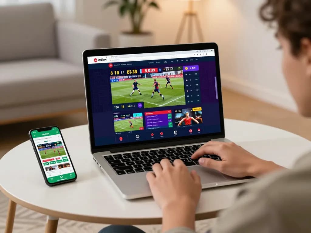 Placing bets on tỷ lệ kèo trực tuyến through a laptop at home, showcasing dynamic sports betting interface.