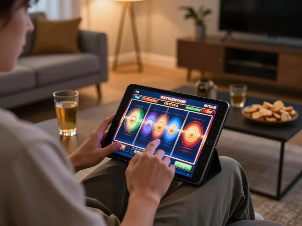 Player enjoying link indoslot88 resmi while spinning slots on a tablet in a cozy home setting