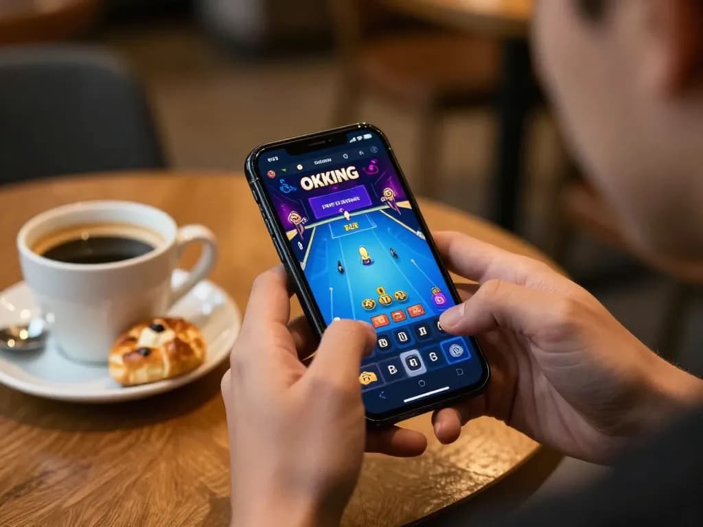 Engaging gameplay on the OKKING app while enjoying coffee at a cafe