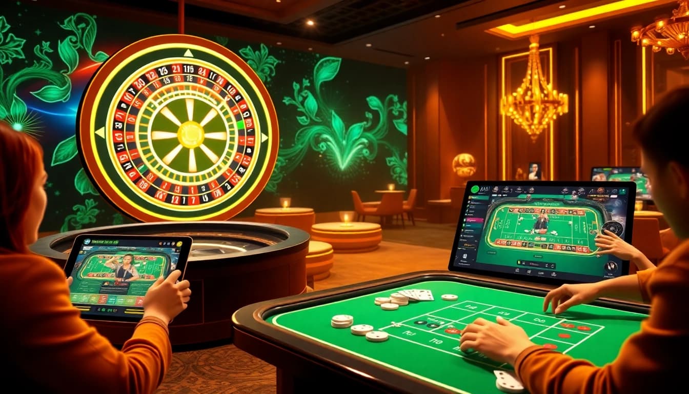 Lô Đề Trực Tuyến table displaying poker chips and vibrant roulette wheel for online gamers.