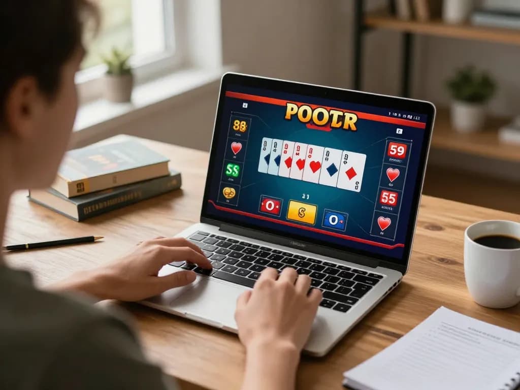 Player strategizing in an online poker game on laptop while discussing plans for f8beta2.