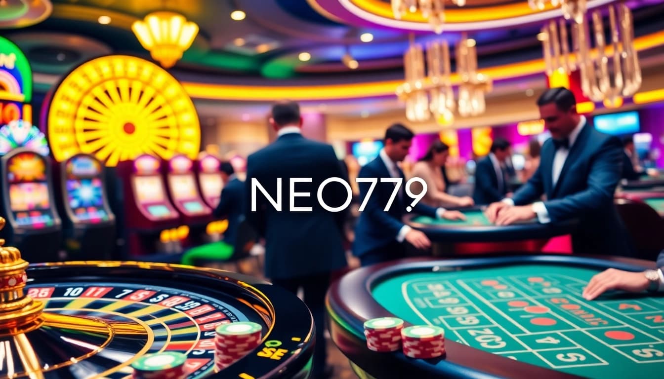 Players embracing the thrill at NEO79 casino, with roulette and colorful slots highlighted.