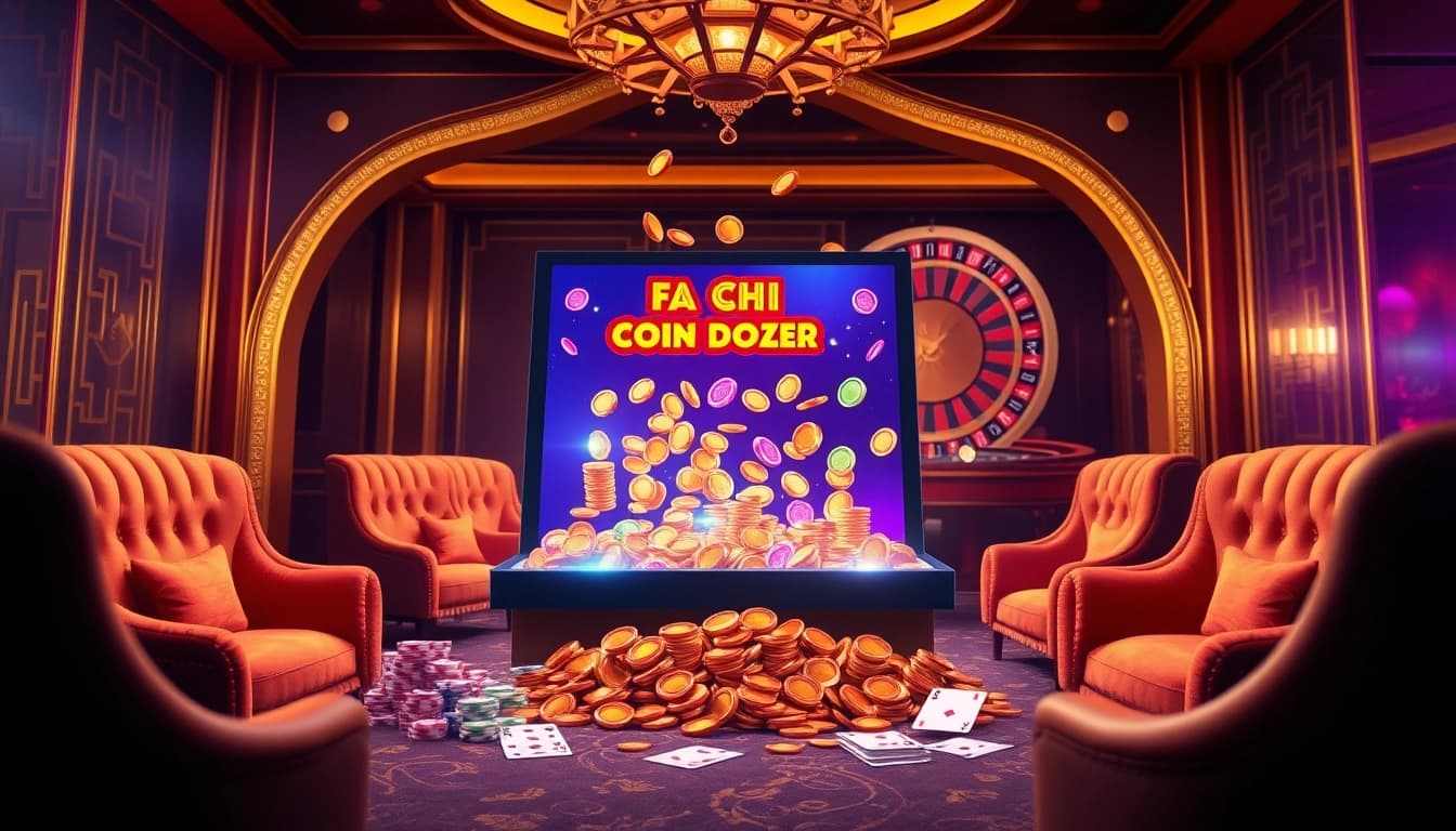 Engaging scene of Fa Chai Coin Dozer game with casino elements like coins, cards, and vibrant ambiance.