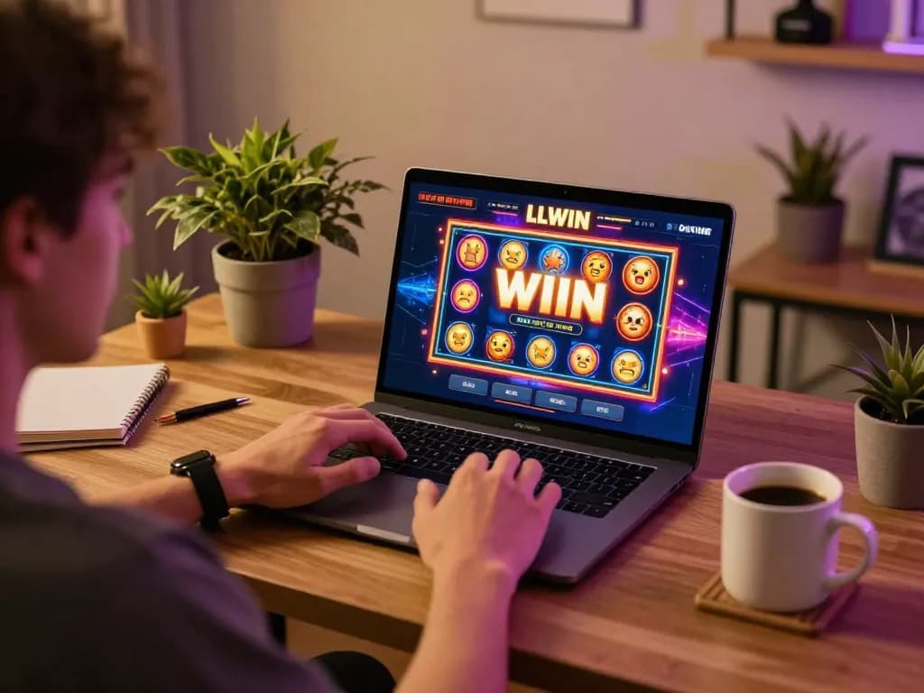 Experience excitement with LLWIN as player celebrates a big win on a vibrant online gaming setup.