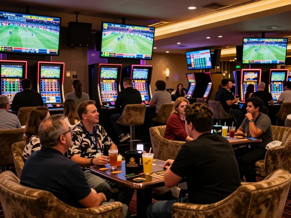 Patrons engage with sports betting at C168 casino, analyzing odds on various screens