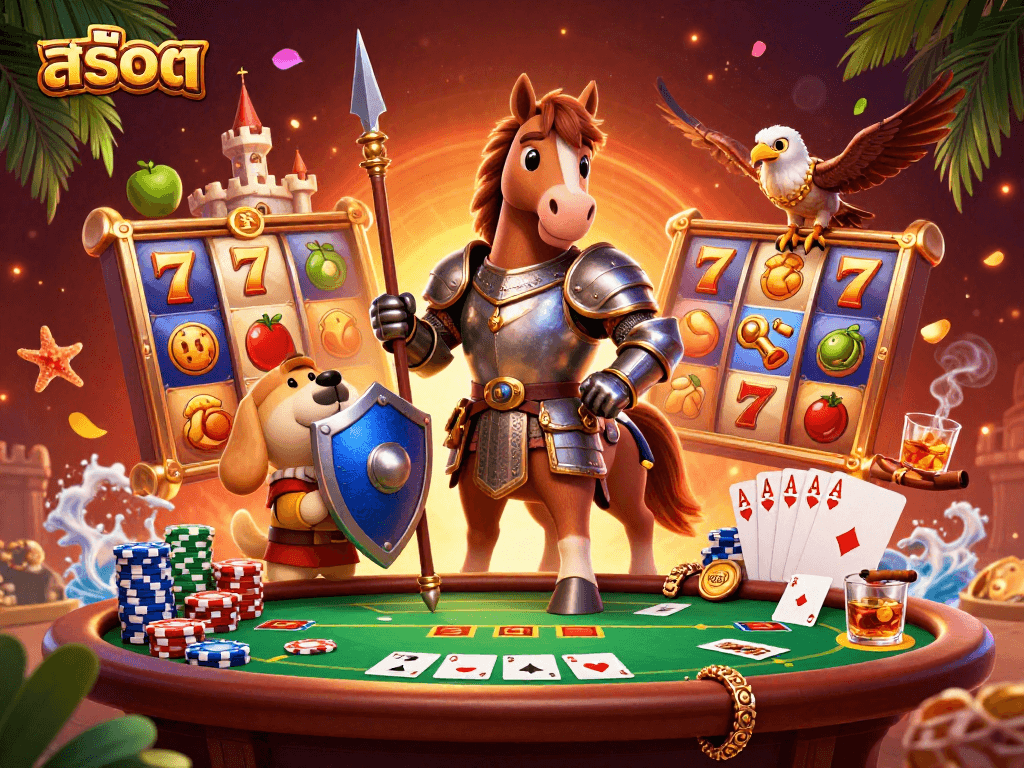 Experience exciting สล็อต action with medieval characters battling alongside vibrant slot elements.