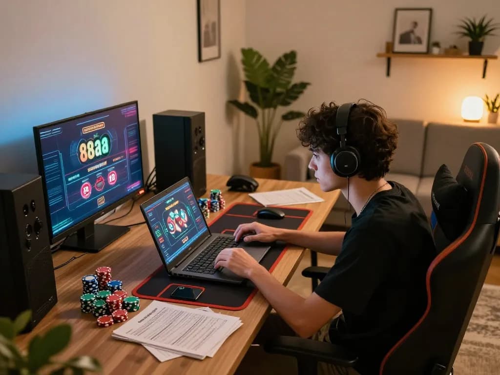 Engaging online casino gameplay on 88aa with strategic notes in cozy home setup.