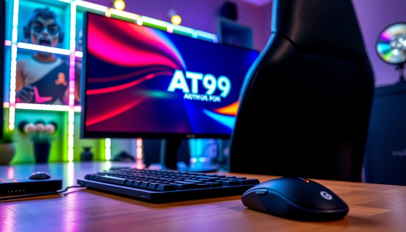 Engaging gaming scene showcasing AT99娛樂城 on a bright, modern setup with dynamic lighting.