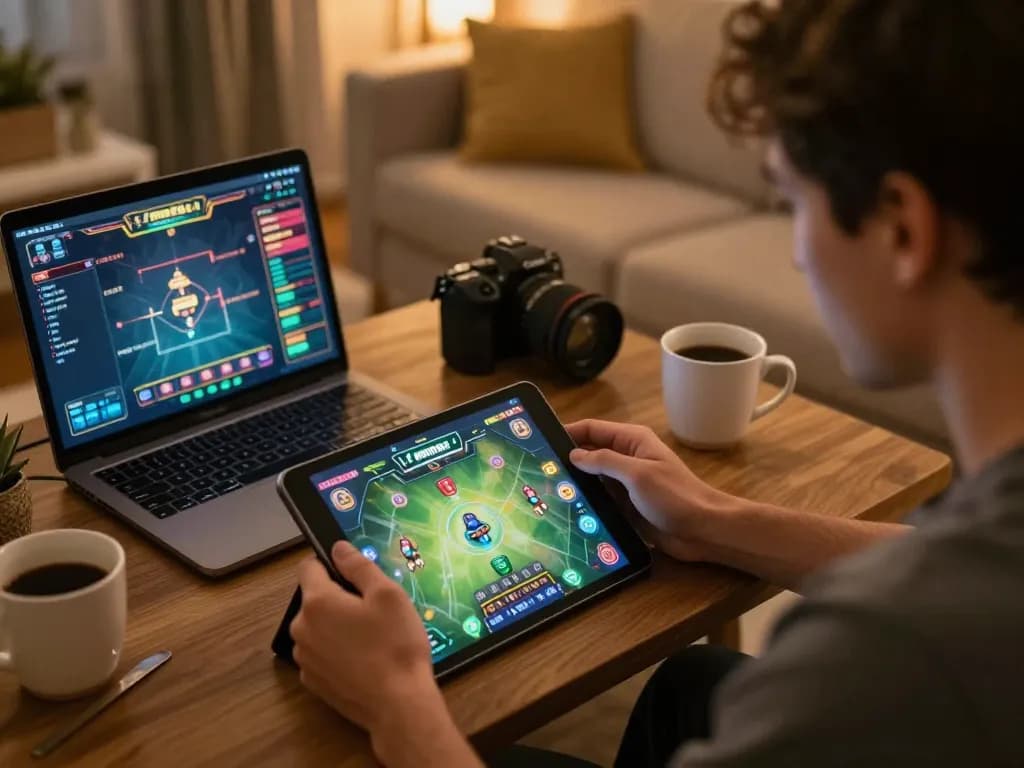 Pemain merencanakan strategi permainan Armorbet di tablet dalam suasana ruang tamu yang nyaman.