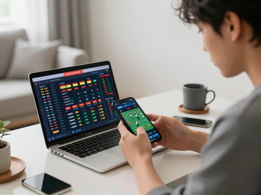 Engaging in online sports betting at bem88 nhà cái with smartphone, showcasing analytical moments and strategy.