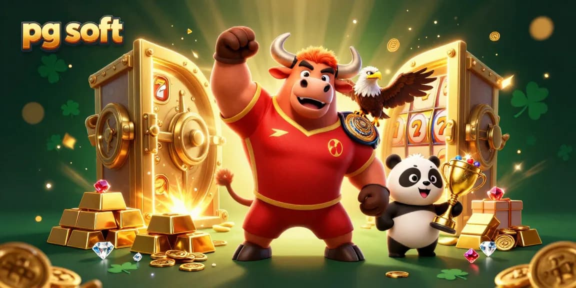 Experience the thrill of pg soft gaming with our colorful 3D casino illustration featuring a victorious bull mascot.