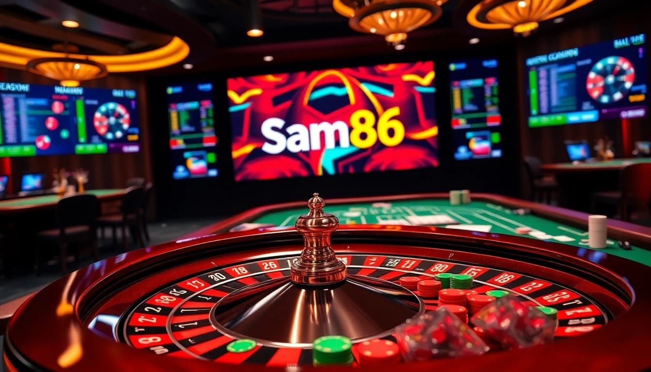 Experience the excitement of Sam86 with vibrant casino elements showcasing games, chips, and a roulette wheel.
