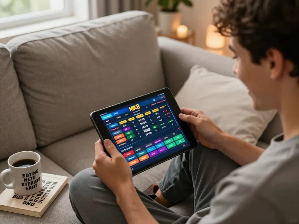 Engaging in sports betting on MK8 via tablet in a cozy living room setting, emphasizing responsible gambling.