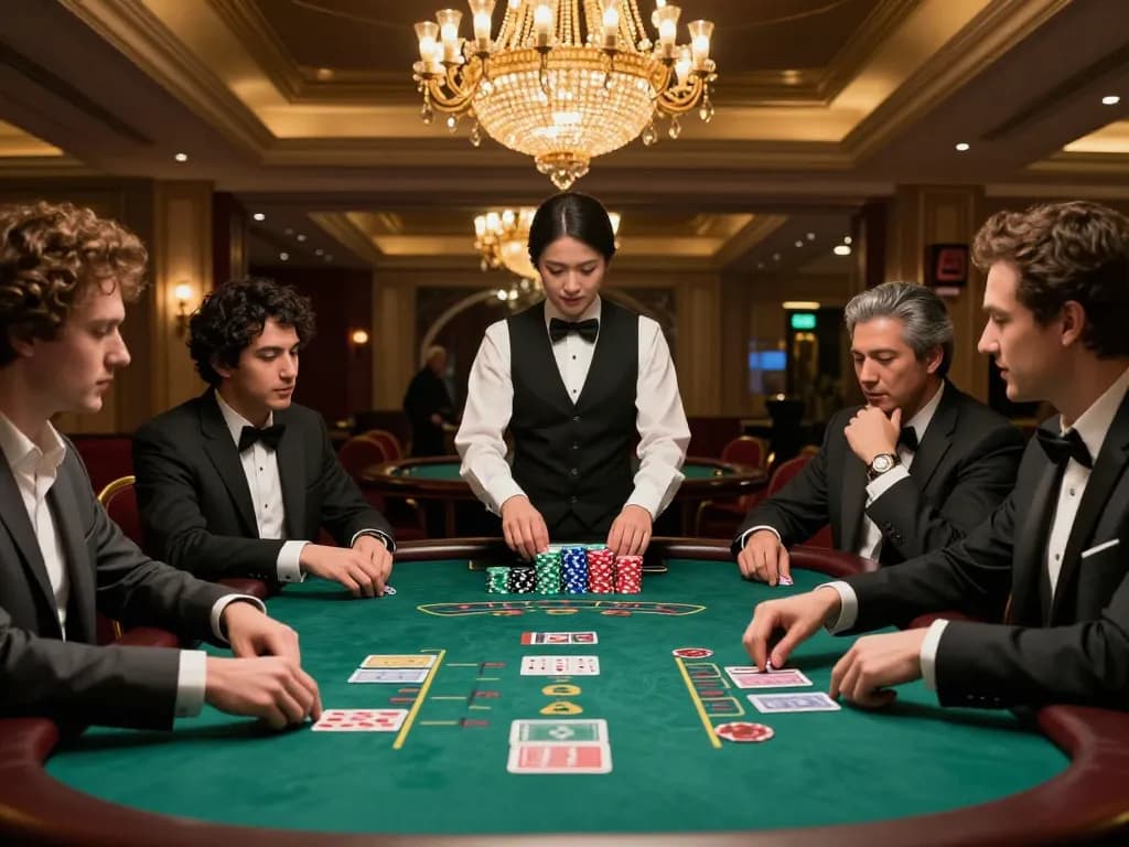 VIC88 blackjack table gameplay, showcasing players' excitement and strategic betting in a luxury casino setting