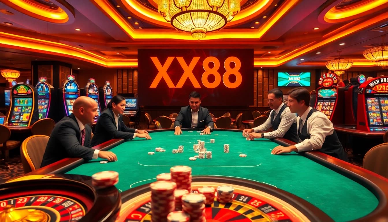 Action-packed poker game at XX88 casino, showcasing excitement and professional dealers.