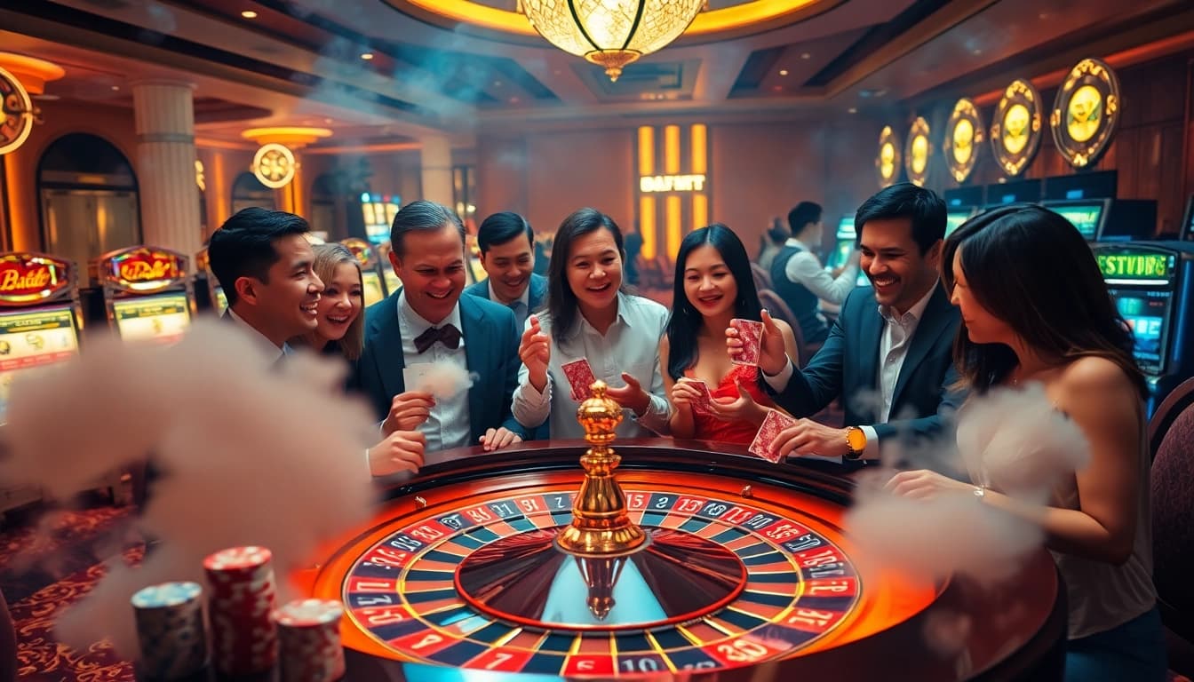 Gamblers immersing in Giải mã giấc mơ, celebrating wins around a lively roulette table in a luxurious casino.