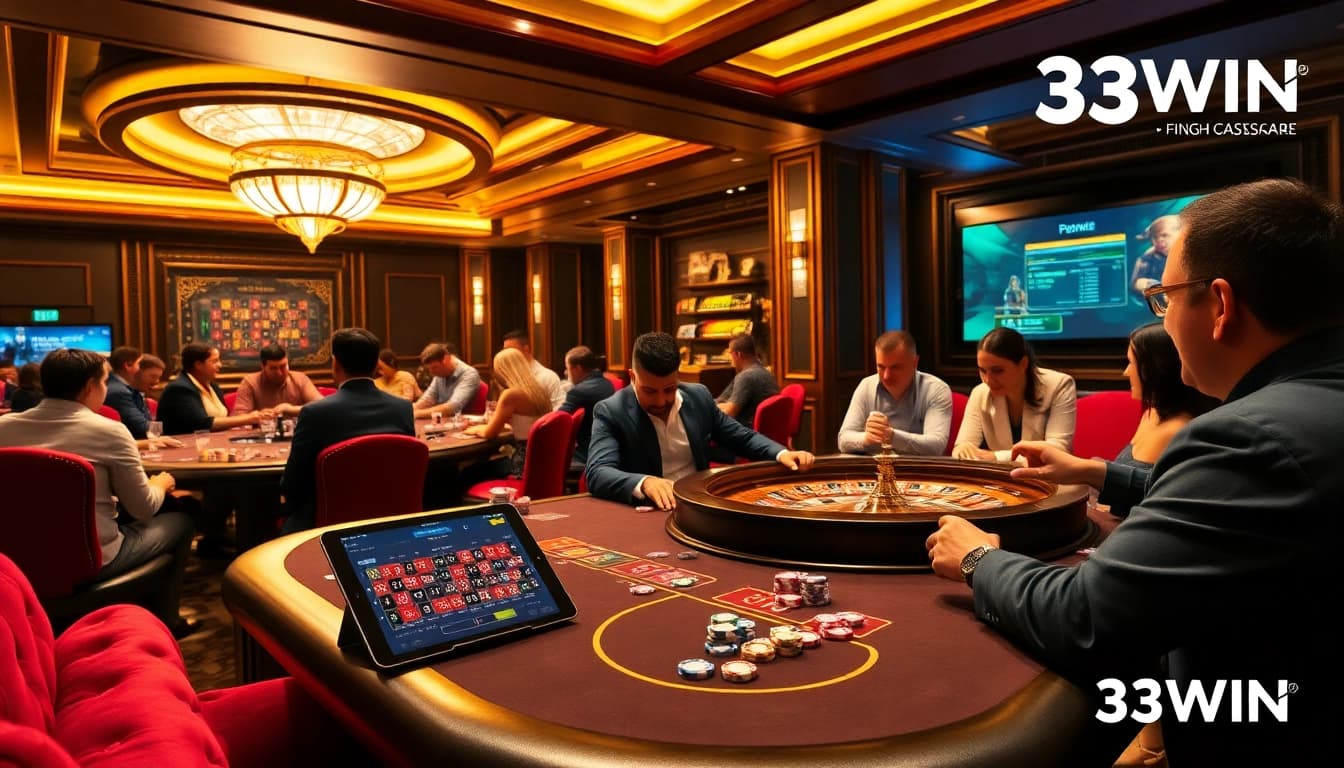 33WIN players enjoying an electrifying poker game amid a luxurious casino setting.