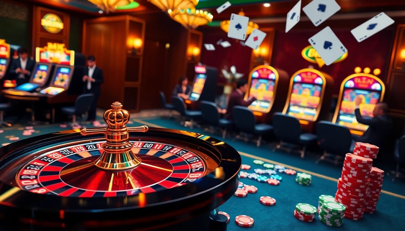 Tải Bomwin brings excitement as players engage with casino games on mobile devices, surrounded by virtual roulette and poker chips.