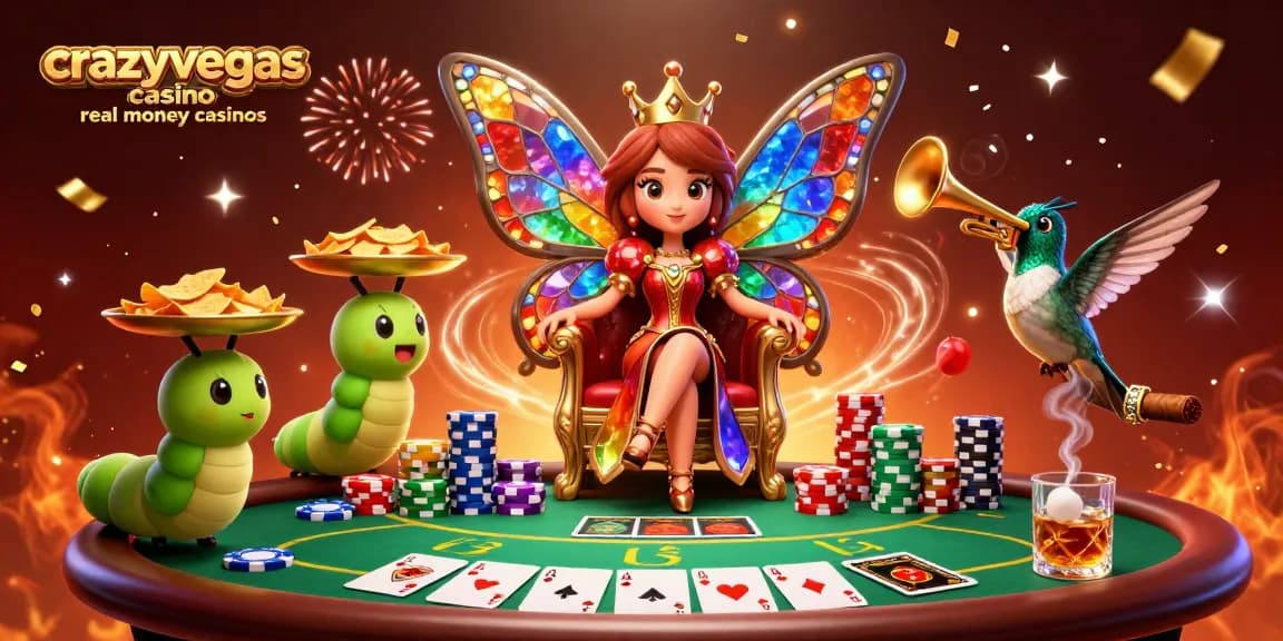 Join the magical world of crazyvegas casino real money casinos with a vibrant poker scene featuring majestic characters.