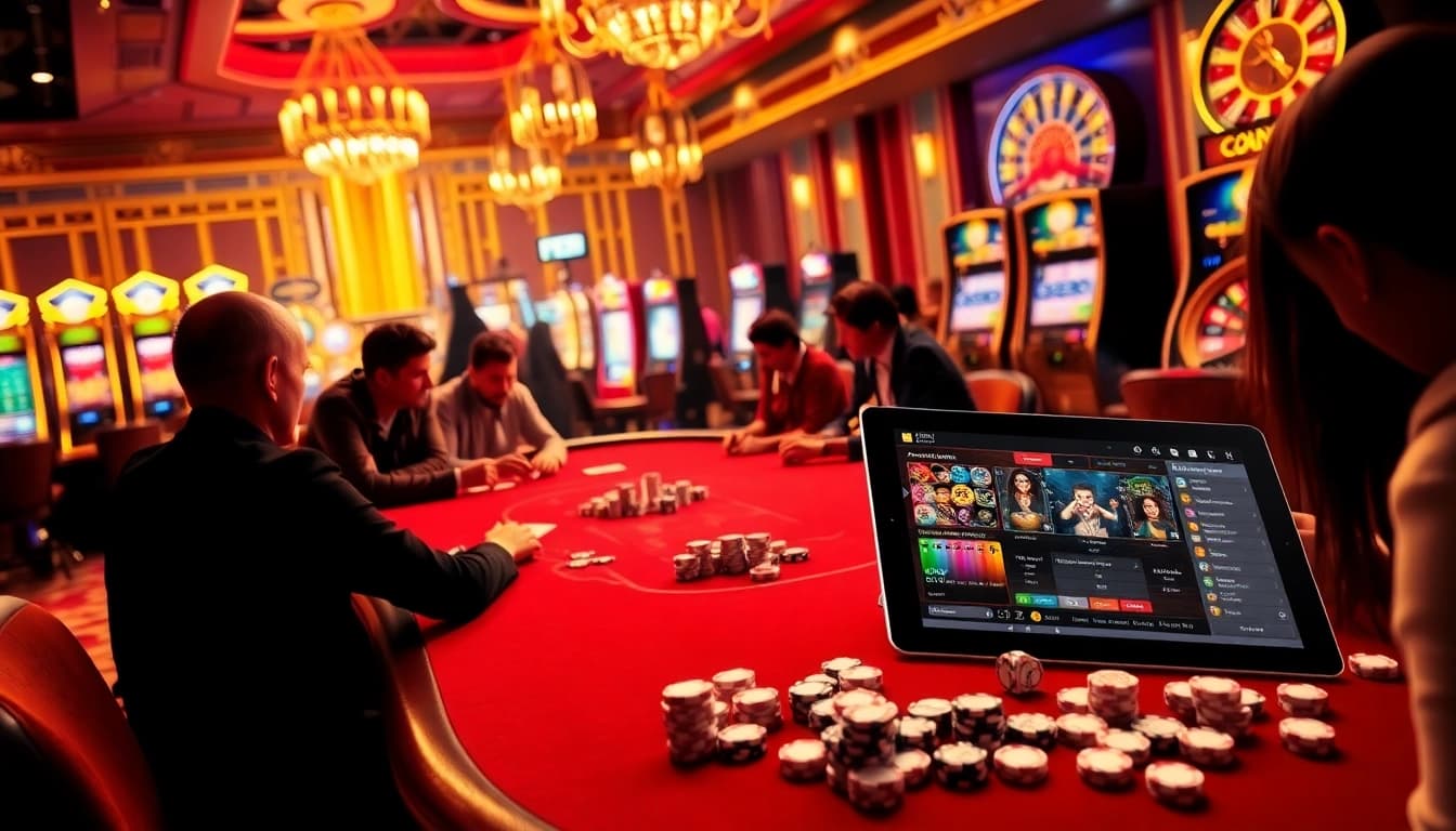 Experience the thrill of online gambling at https://b52gamee.com/ with a vibrant casino scene filled with poker tables.